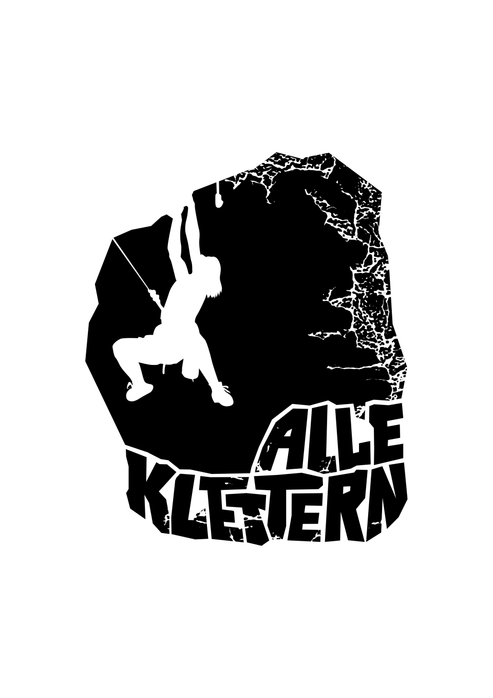 Eine Zeichnung eines Kletterers in weiß vor einem schwarzen Felsen, darunter ein Schriftzug "Alle Klettern"