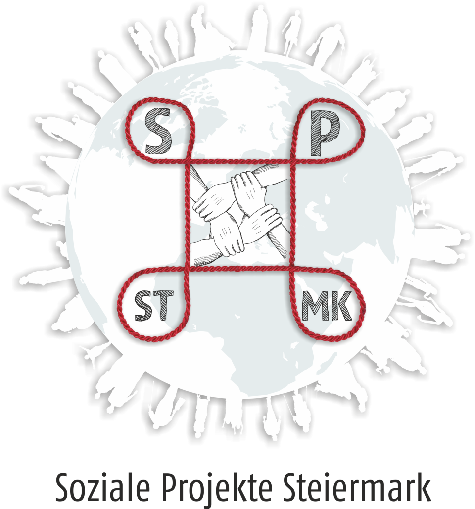 Das Logo von Soziale Projekte Steiermark: In weiß/grau ist die Erde zu sehen auf deren Umriss viele Menschen stehen. Zentral über der Erde stehen in grau die Buchstaben "S", "P", "ST" und "MK", zwischen den Buchstaben befinden sich vier Hände, die einander jeweils an den Handgelenken umfassen und so ein Quadrat bilden, Buchstaben und Hände sind von einem durchgehenden roten Faden umgeben und voneinander abgegrenzt.