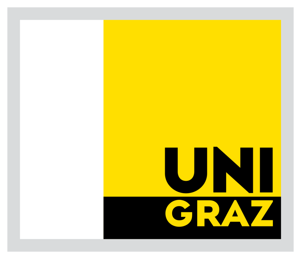 Das Logo der Universität Graz: Innerhalb eines hellgrauen Rahmens befindet sich links ein vertikaler weißer Balken, rechts daran anschließendes ein gelbes Quadrat in dem mit schwarzen Blockbuchstaben rechts unten das Wort "Uni" steht, unter dem Quadrat ein schwarzer horizontaler Balken mit dem Wort "Graz" in gelben Blockbuchstaben darin.