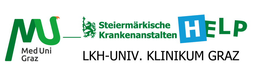 Das Logo der Medizinischen Universität Graz: In dunkelgrün der Buchstabe M, der in den Buchstaben U in hellgrün übergeht, das rechte offene Ende des U in rot, deutet einen Schlangenkopf an. Rechts davon das Logo der Steiermärkischen Krankenanstalten: In grün der steirische Panther, der einen Äskulapstab mit beiden Vorderbeinen umfasst hält. Ganz rechts das Logo des LKH Universitätsklinikum Graz: Das Wort "help" in grünen leicht nach oben und unten versetzten und geneigten Blockbuchstaben, nur der Buchstabe H in weiß in einem hellblauen Quadrat.