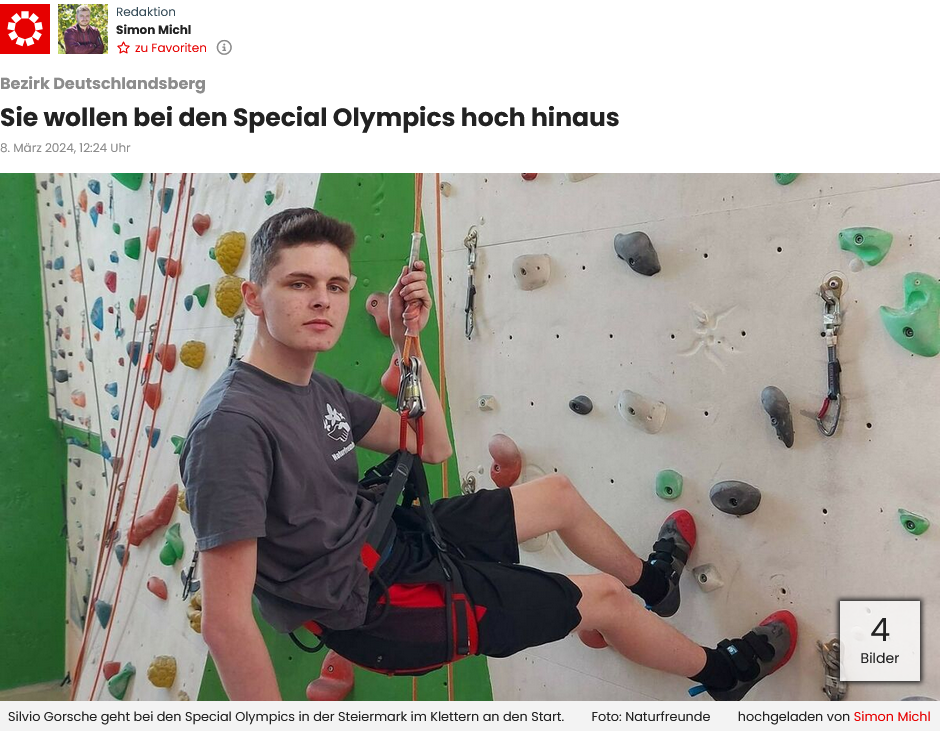 Ein Screenshot des online-Artikels in der Woche: Ganz oben steht "Bezirk Deutschlandsberg", darunter der Titel des Artikels "Sie wollen bei den Special Olympics hoch hinaus", unterhalb ist ein Foto von Silvio Gorsche zu sehen, er hängt im Klettergurt an einer Kletterwand und drückt sich mit den Füßen von dieser ab, er schaut in die Kamera. Die Bildunterschrift lautet: " Silvio Gorsche geht bei den Special Olympics in der Steiermark im Klettern an den Start."