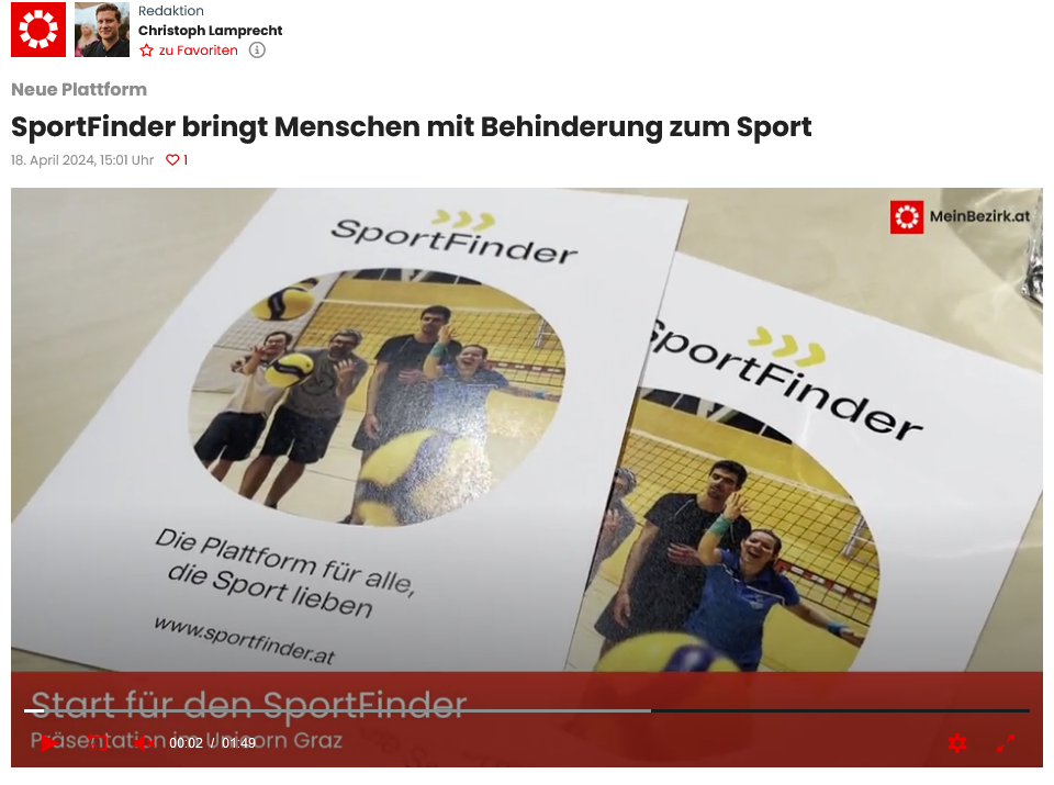 Screenshot eines Artikels in der Woche mit dem Titel "SportFinder bringt Menschen mit Behinderung zum Sport". Unter dem Titel sind Broschüren der Plattform SportFinder zu sehen, darauf steht: "Die Plattform für alle, die Sport lieben", außerdem sind vier Personen zu sehen, die Volleybälle werfen.