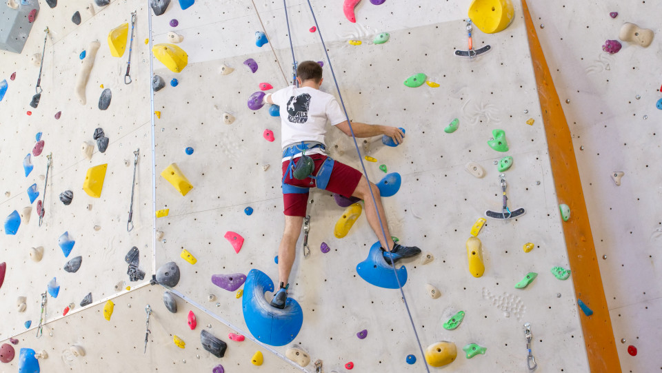 An einer grauen Kletterwand ist ein Kletterer von hinten zu sehen. Er trägt eine rote kurze Hose, einen blauen Klettergurt und ein weißes T-shirt. Am T-Shirt befindet sich in schwarz die Zeichnung eines Kletterers auf einem Felsen, darunter steht in schwarzen Blockbuchstaben: "Alle Klettern"