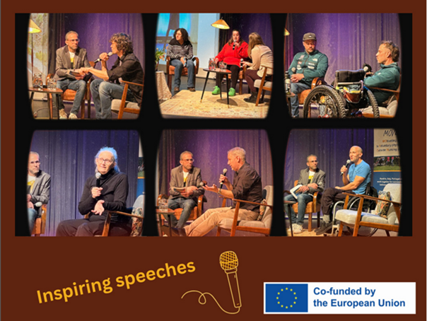 In sechs kleinen Bildern sind vor braunem Hintergrund Interviewszenen zu sehen. Darunter steht: Inspiring speeches. Rechts unten ist neben der EU-Flagge folgendes zu lesen: Co-funded by the European Union.