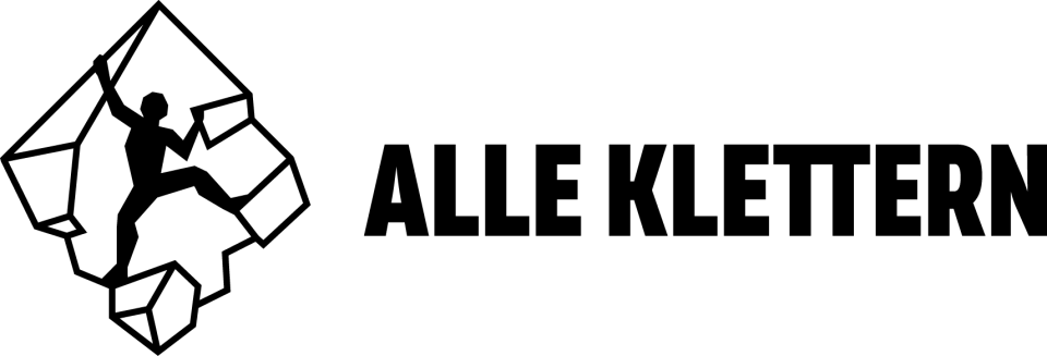 Das Logo von "AlleKlettern": Eine Zeichnung eines Kletterers an einem Felsen, rechts davon steht in schwarzen Blockbuchstaben "Alle Klettern".