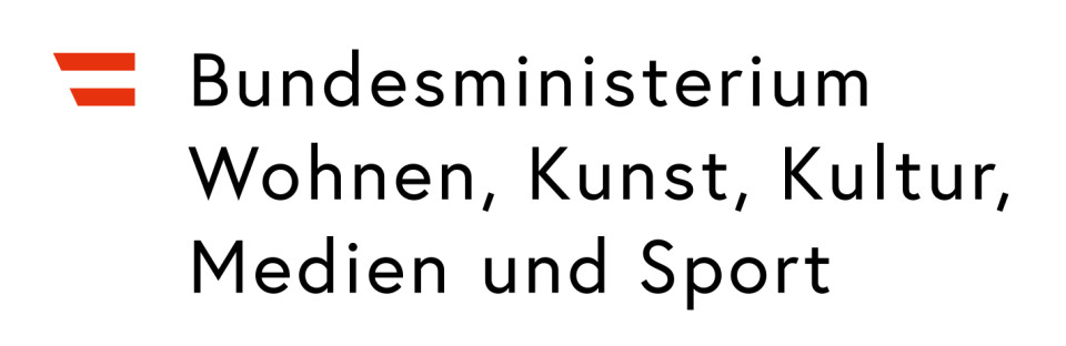Logo des Bundesministeriums Wohnen, Kunst, Kultur, Medien und Sport. Links vom Text befindet sich eine österreichische Flagge